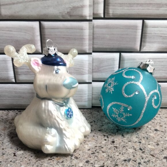 DUO: Vintage Blown Glass Reindeer & NWT Blue Glass Ornaments - Picture 4 of 7